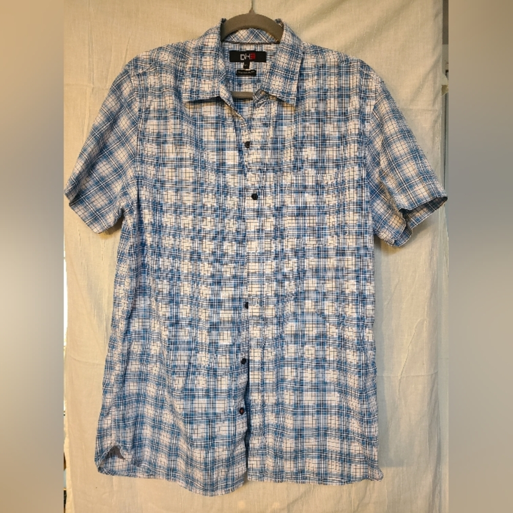Blue and White Plaid Men's Button-Up Shirt